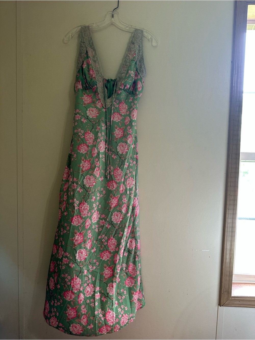 one clothing Green Maxi Dress with Pink Floral Print